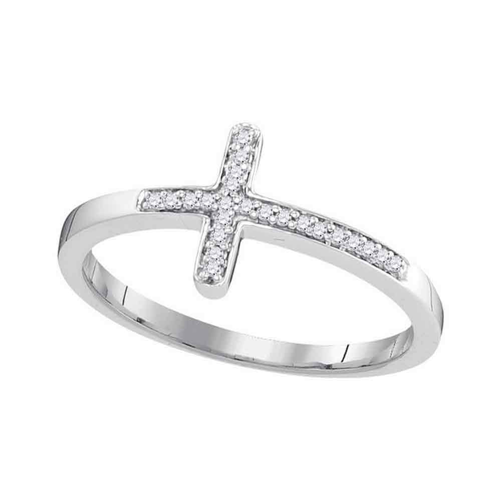 10K White Gold Womens Round Diamond Cross Religious Band Ring 1/20 Cttw, Womens Size: 5-10