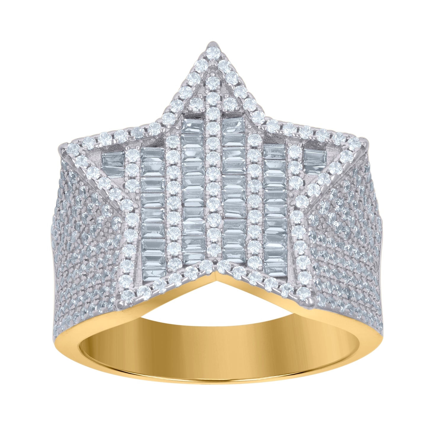 Sterling Silver Yellow-Tone Mens Baguette Cubic-Zirconia Star Pinky Bridal Anniversary Wedding Engagement Band Ring Sizes 8 To 12