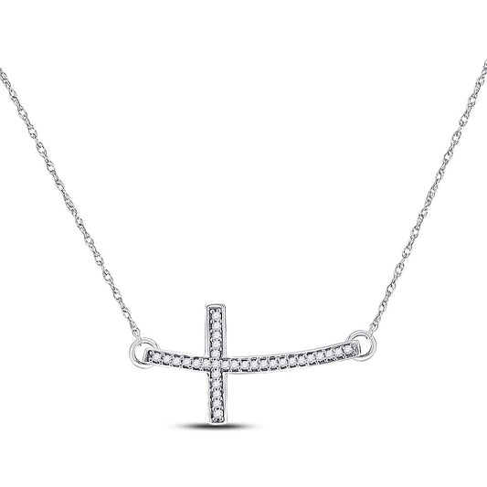 10K White Gold Womens Round Diamond Horizontal Cross Pendant Necklace 1/10 Cttw, Length: 0.44 In, Width: 0.77 In