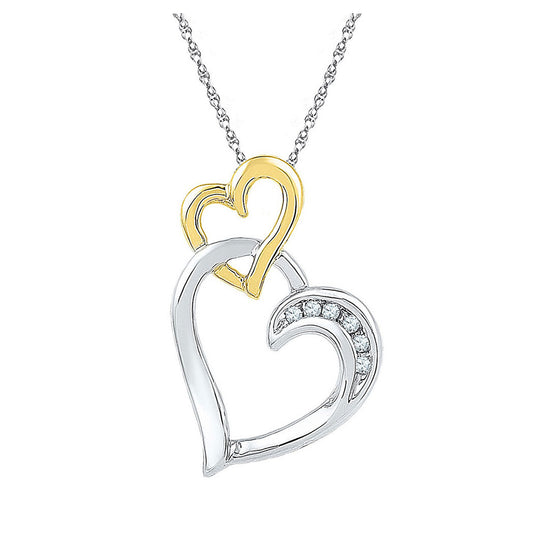 Two-tone Sterling Silver Womens Round Diamond Double Heart Pendant .03 Cttw, Width: 0.48 In