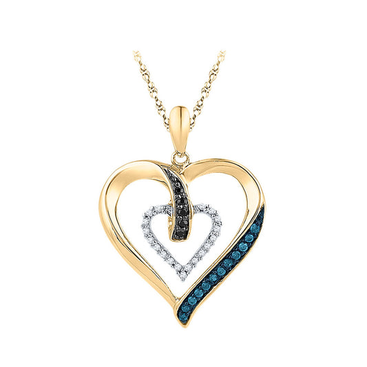 10K Yellow Gold Womens Round Blue Color Enhanced Diamond Heart Pendant 1/6 Cttw, Width: 0.74 In