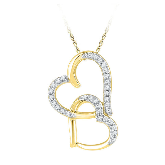 10K Yellow Gold Womens Round Diamond Double Heart Pendant 1/10 Cttw, Length: 0.55 In, Width: 0.46 In