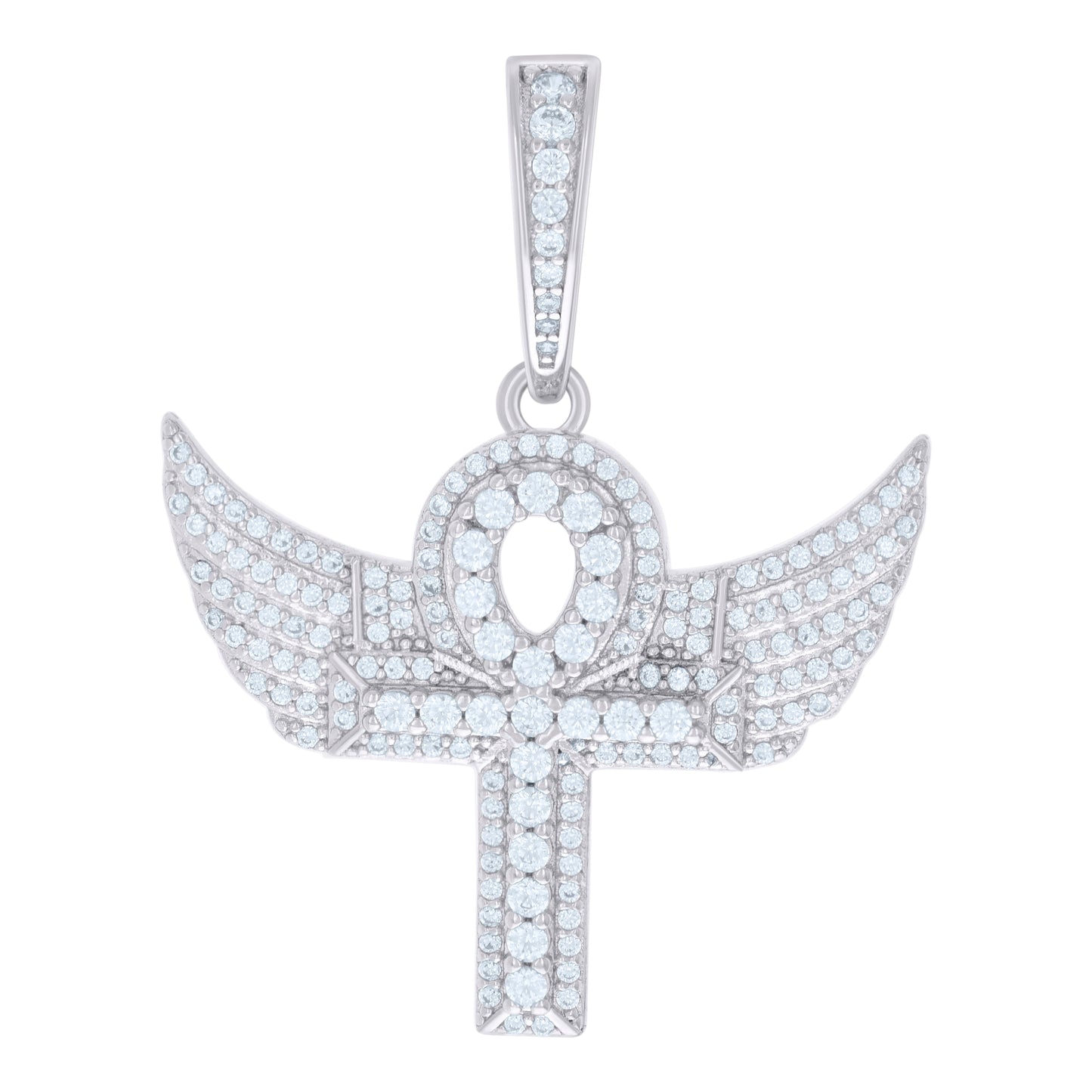 Sterling Silver Mens Cubic-Zirconia Egyptian Flying Ankh Cross Religious Charm Pendant