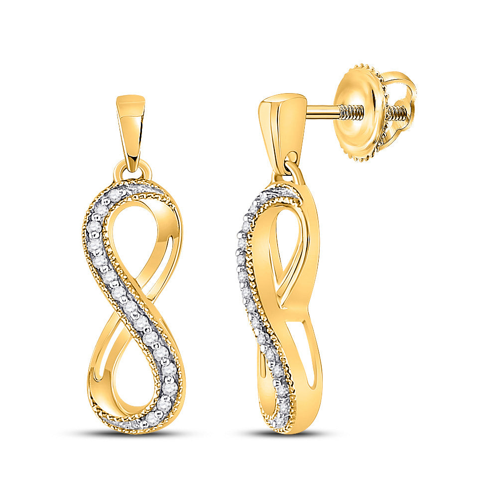 10K Yellow Gold Womens Round Diamond Infinity Dangle Earrings 1/10 Cttw