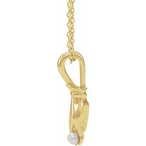 14K Yellow Gold Pearl 2 Mm  Cultured White Seed Pearl Buddha Hand Necklace, Length: 18 In