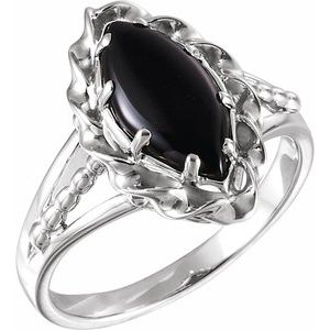 14K White Gold Natural Black Onyx Marquise 12 X 6 Mm Polished Natural Onyx Rope Ring Size 6