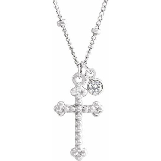14K White Gold Round 2.5Mm I1, G-H 20 In Polished .06 Ct Natural Diamond Bezel-Set Dangle And Beaded Cross Necklace