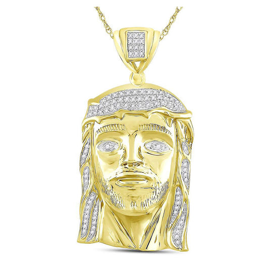 10K Yellow Gold Mens Round Diamond Jesus Face Charm Pendant 3/8 Cttw, Length: 2.02 In, Width: 1.02 In