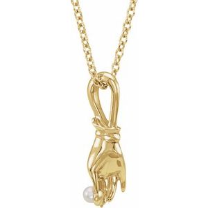 14K Yellow Gold Pearl 2 Mm  Cultured White Seed Pearl Buddha Hand Necklace, Length: 18 In