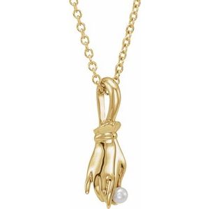 14K Yellow Gold Pearl 2 Mm  Cultured White Seed Pearl Buddha Hand Necklace, Length: 18 In