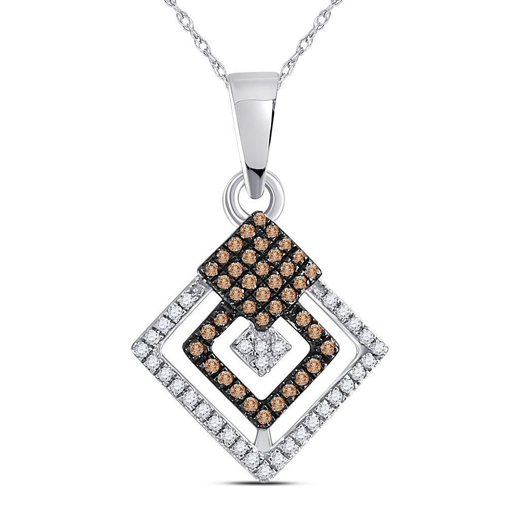10K White Gold Womens Round Brown Diamond Square Pendant 1/4 Cttw, Length: 0.95 In, Width: 0.62 In