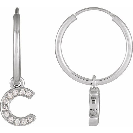 14K Yellow Or White Gold Round Hinged Polished Natural Diamond Initial C Hoop Earring