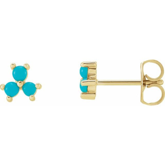 14K Yellow Gold 2 Mm Round Friction Back Polished Turquoise Three-Stone Cabochon Earrings