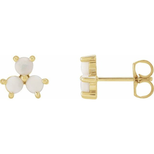 14K Yellow Gold 3 Mm Round Friction Back Polished White Opal Three-Stone Cabochon Earrings