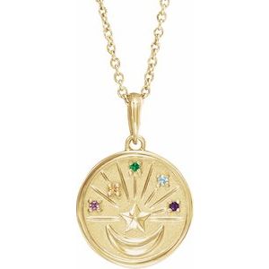 14K Yellow Gold Round 1 Mm  Multi-Gemstone Petite Moon And Star Coin Necklace, Length: 18 In