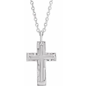 14K White Gold 24.47 X 13.4 Mm 18 In Polished Mens Texture Finish Cross Necklace