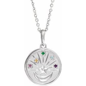 14K White Gold Round 1 Mm  Multi-Gemstone Petite Moon And Star Coin Necklace, Length: 18 In