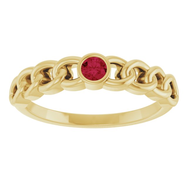14K Yellow Gold Round 3 Mm Polished Natural Ruby Curb Chain Ring, Size 7