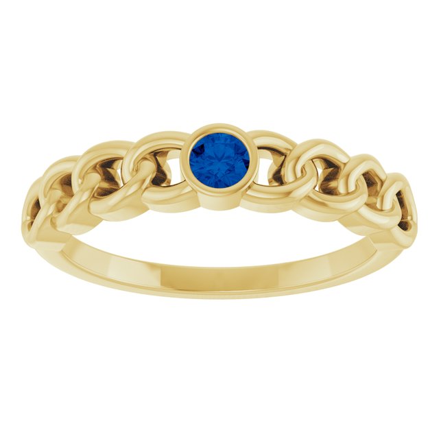 14K Yellow Gold Round 3 Mm Polished Natural Blue Sapphire Curb Chain Ring, Size 7