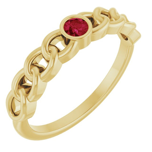 14K Yellow Gold Round 3 Mm Polished Natural Ruby Curb Chain Ring, Size 7