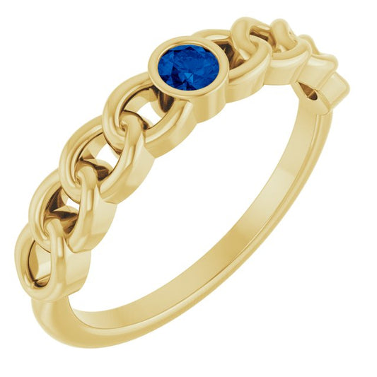 14K Yellow Gold Round 3 Mm Polished Natural Blue Sapphire Curb Chain Ring, Size 7