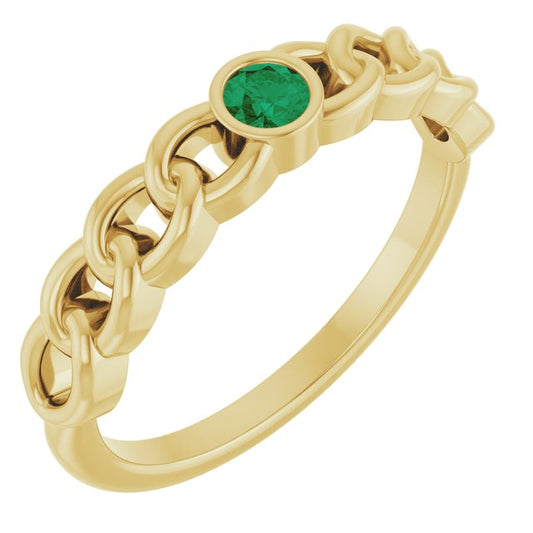 14K Yellow Gold Round 3 Mm Polished Natural Emerald Curb Chain Ring, Size 7