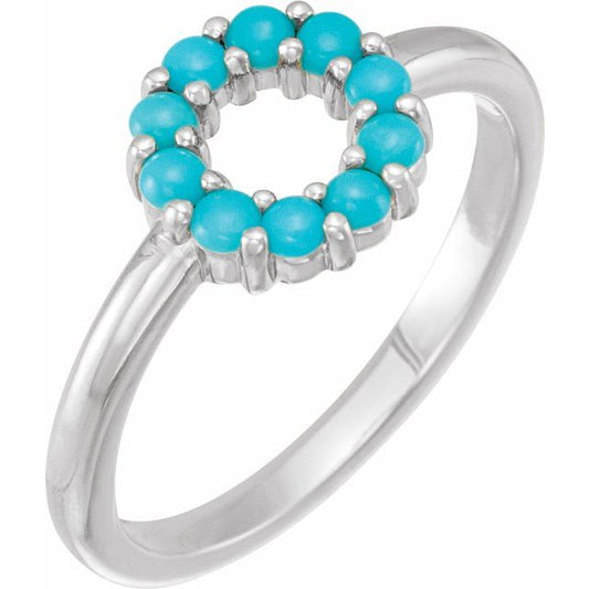 14K White Gold Or Sterling Silver Round 2 Mm Polished Natural Turquoise Cabochon Ring, Size 7