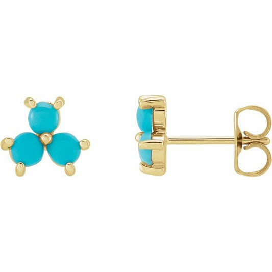 14K Yellow Gold 3 Mm Round Friction Back Polished Turquoise Three-Stone Cabochon Earrings