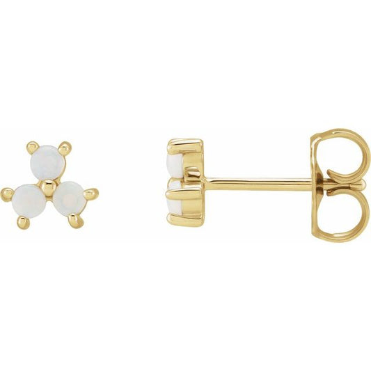 14K Yellow Gold 2 Mm Round Friction Back Polished White Opal Three-Stone Cabochon Earrings