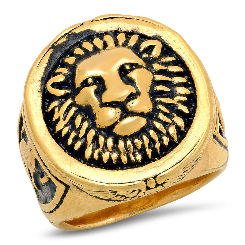 Stainless Steel Yellow-tone Mens Zodiac Sign Leo Lion Head Comfort-fit Fashion Band Ring