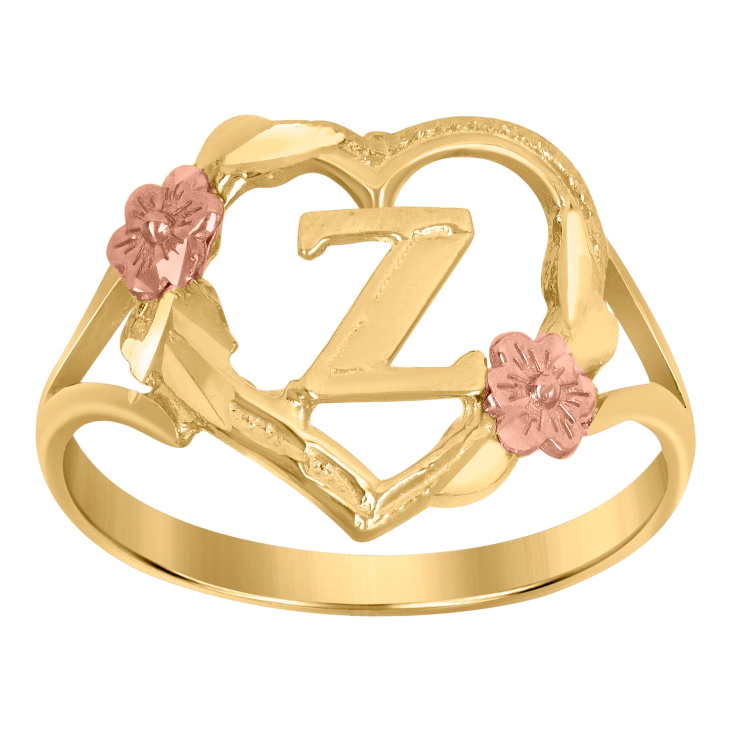 10K Two-Tone Gold Womens Diamond Cut Textured Initial Letter Heart Bridal Anniversary Engagement Wedding Band Ring