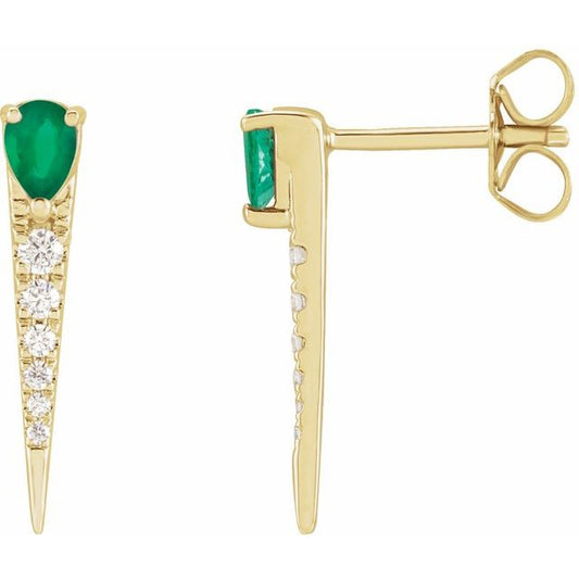 14K Yellow Gold Pear 4 X 3 Mm Friction Back Polished Natural Emerald And 1/8 Ctw Natural Diamond Spike Earrings