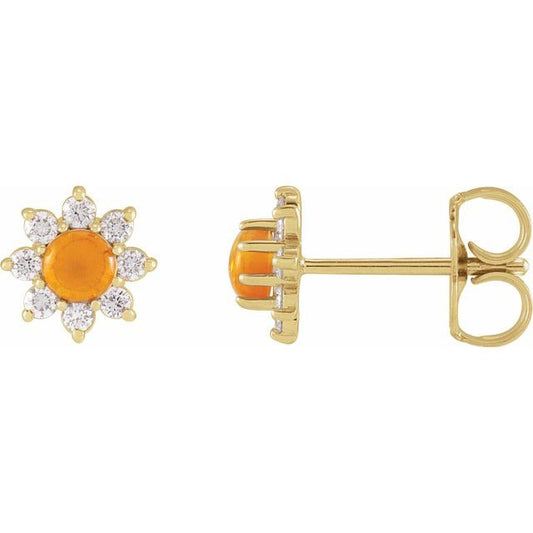 14K Yellow Gold 3 Mm Round Friction Back Polished Natural Citrine And 1/8 Ctw Natural Diamond Cabochon Flower Earrings