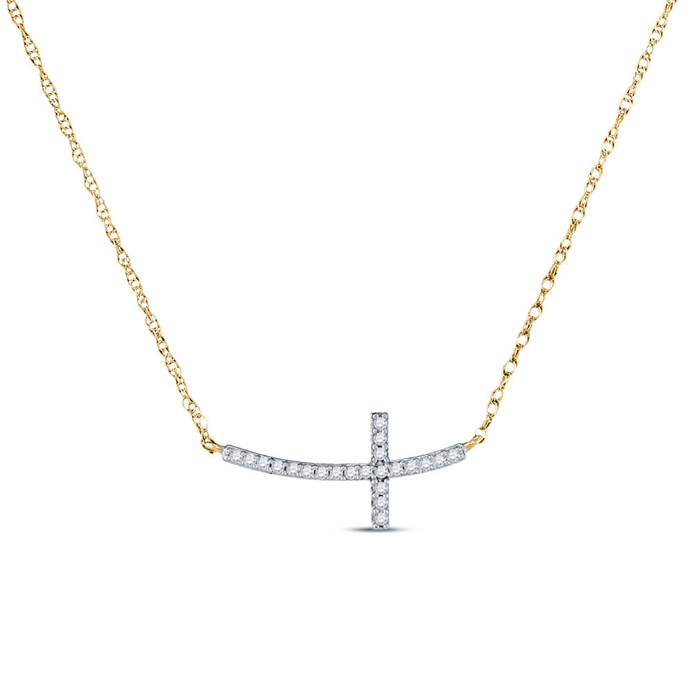 10K Yellow Gold Womens Round Diamond Horizontal Cross Necklace 1/20 Cttw, Length: 0.31 In, Width: 0.72 In