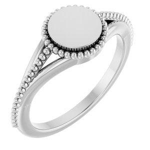 14K White Gold Polished Beaded Engravable Ring Size 7