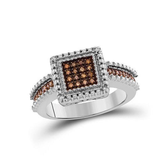 Sterling Silver Womens Round Brown Diamond Square Cluster Ring 1/6 Cttw, Womens Size: 5-10