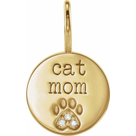14K Yellow Or White Gold Or Sterling Silver Cat Mom Round 1 Mm I1, G-H Polished .01 Ctw Natural Diamond Engraved Paw Print Charm/Pendant