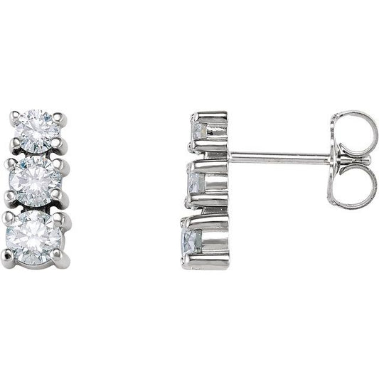 14K White Gold 3.6 Mm Round Friction Back Polished 7/8 Ctw Natural Diamond Three-Stone Earrings