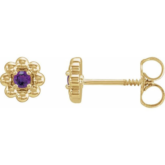 14K Yellow Gold 2 Mm Round Threaded Back Polished Natural Amethyst Petite Flower Beaded Earrings