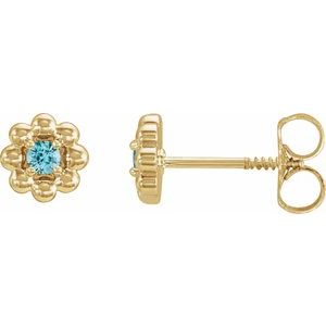 14K Yellow Gold Round 2 Mm Natural Blue Zircon Petite Flower Beaded Earrings