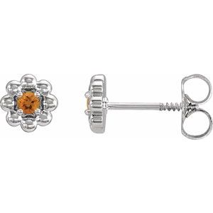 14K White Gold Round 2 Mm Citrine Petite Flower Beaded Earrings