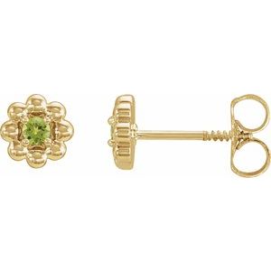 14K Yellow Gold Round 2 Mm Natural Peridot Petite Flower Beaded Earrings