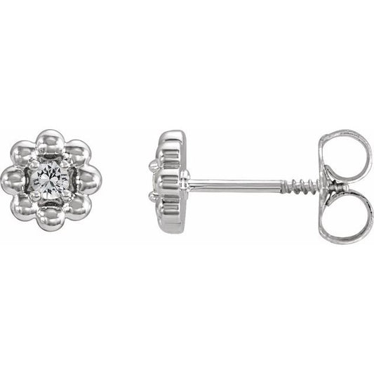 14K White Gold 2 Mm Round Threaded Back Polished Natural White Sapphire Petite Flower Beaded Earrings