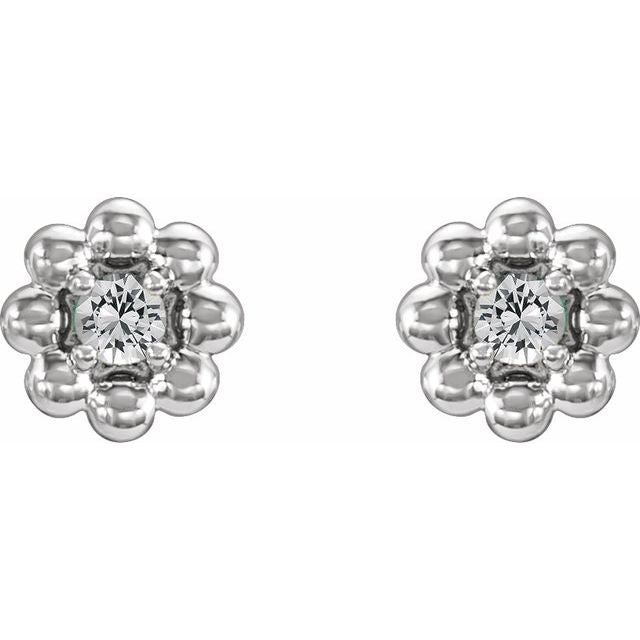 14K White Gold 2 Mm Round Threaded Back Polished Natural White Sapphire Petite Flower Beaded Earrings