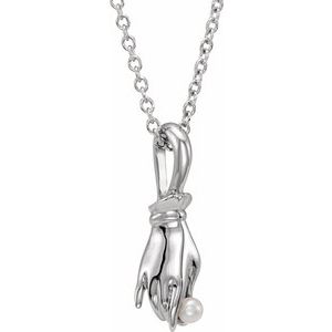 Sterling Silver Pearl 2 Mm  Cultured White Seed Pearl Buddha Hand Necklace, Length: 18 In