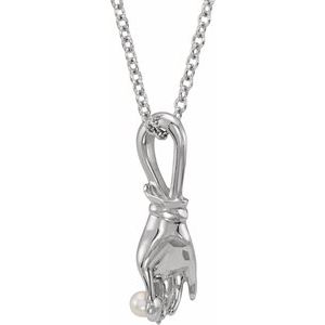 Sterling Silver Pearl 2 Mm  Cultured White Seed Pearl Buddha Hand Necklace, Length: 18 In