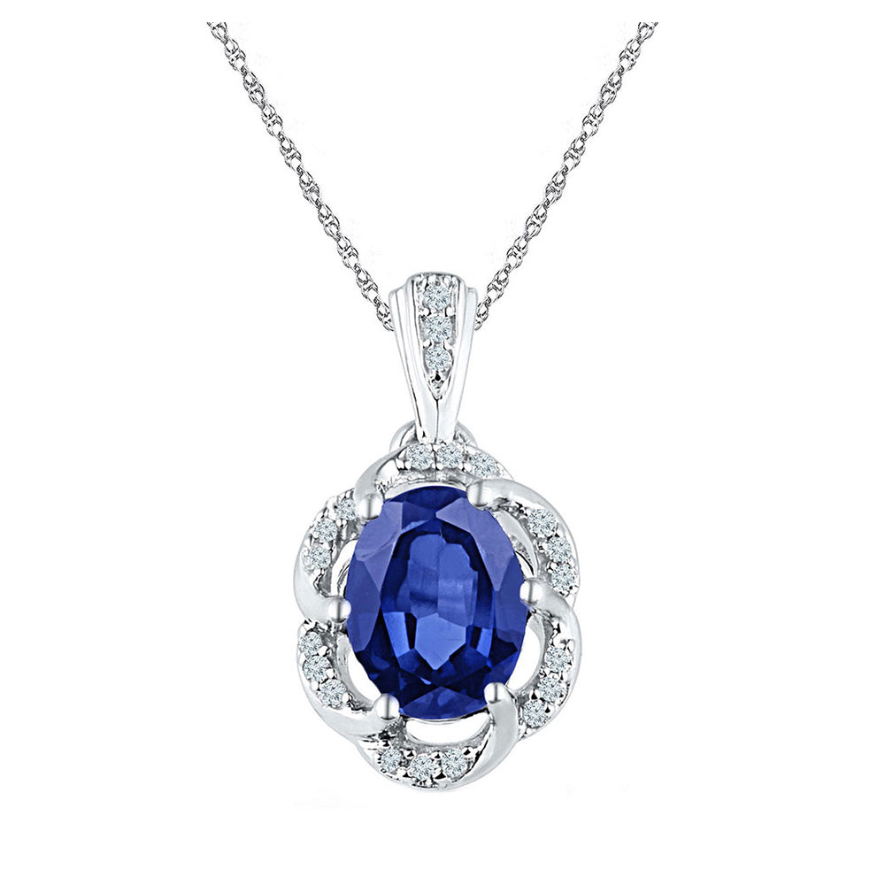 10K White Gold Womens Oval Synthetic Blue Sapphire Solitaire Diamond Pendant 1-3/4 Cttw, Width: 0.36 In