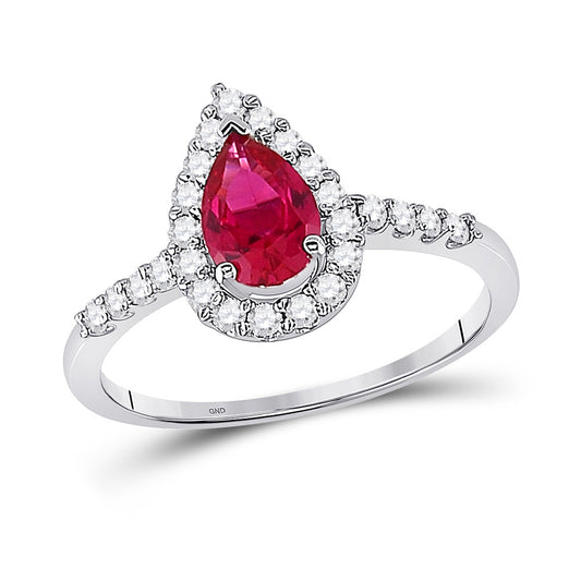 10K White Gold Womens Pear Synthetic Ruby Solitaire Diamond Frame Ring 1-1/5 Cttw, Womens Size: 5-10