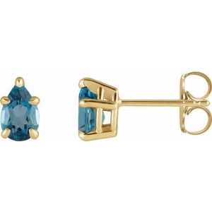14K Yellow Gold Pear 6 X 4 Mm Natural London Blue Topaz 5-Claw Prong Solitaire Earrings