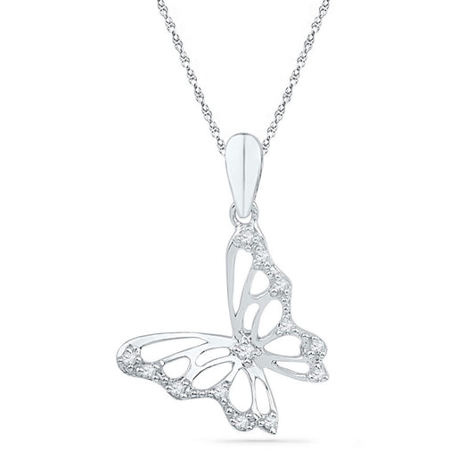 10K White Or Yellow Gold Womens Round Diamond Butterfly Pendant